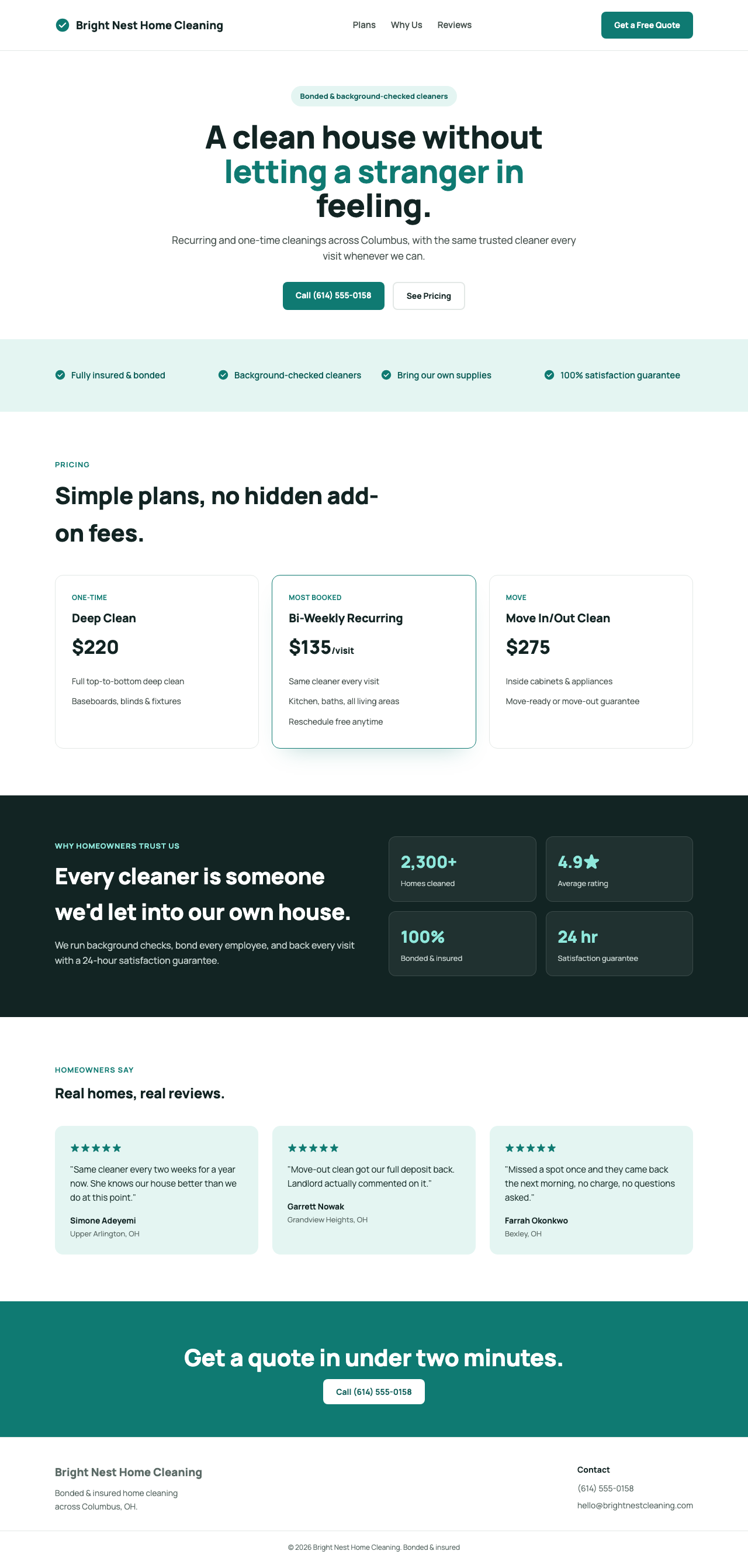 Bright Nest Home Cleaning redesign example